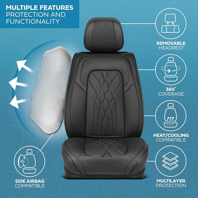 MotorBox Haven Series Napa Leather Seat Covers for Cars, Front Seat Covers, Mosaic Stitch Edition - Soft PU Leather Black Car Seat Covers for Cars Trucks SUVs, Front Seats Only