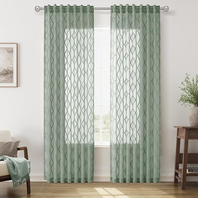 Hokibero Desert Sage Sheer Curtains 96 Inch Length for Living Room 2 Panels Back Tab Rod Pocket Boho Farmhouse Drapes Light Filtering Privacy Embroiderd Textured Rustic Curtain for Bedroom 52x96