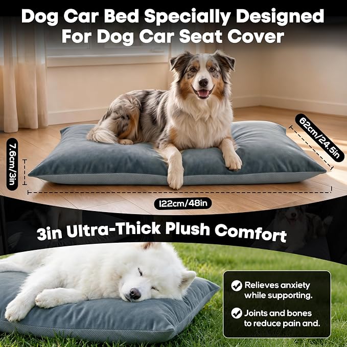 Loiion Dog Car Bed with Removable Washable Cover, 48x24.5in | Non Slip Travel Dog Bed, Waterproof Dog Bed Car Seat Fits SUVs Sedans Trucks, Machine Washable Cover With Zipper, 3in