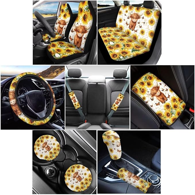 Wanyint Car Seat Cover Set 12 PCS, with Steering Wheel Cover Seat Belt Armrest Handbrake Gear Shift Knob Cover Set Coasters Auto Accessories, Cute Highland Cow Sunflower