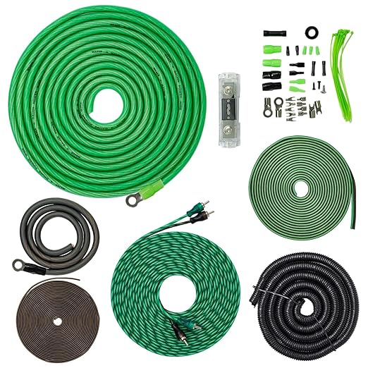 SoundBox 4 Gauge Amplifier Wiring Complete Kit, Extra Long 20 Foot Power & RCA Cables - Green