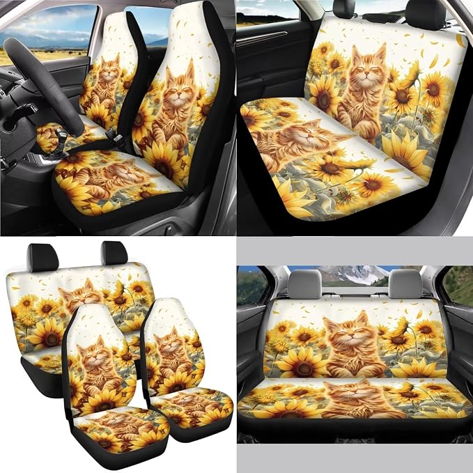 Cat Sunflower Pattern 13 Pieces Car Accessories Set, Anti Slip Car Front and Rear Seat Cover + Steering Wheel Cover + Seat Belt Cover Pad for Car + Coasters for Women Men