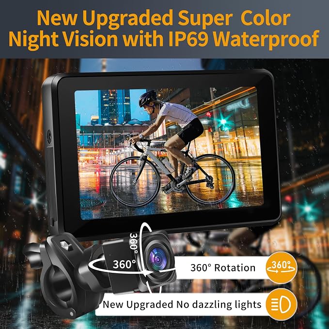 Bike Camera Recording Rechargeable 360° Rotation - Color Night Vision Portable Bicycle Rear View Camera Waterproof 130° Wide View HD 1080P 4.3 Inch Monitor for Mountain, Road Bike, E-Bike Wankskey