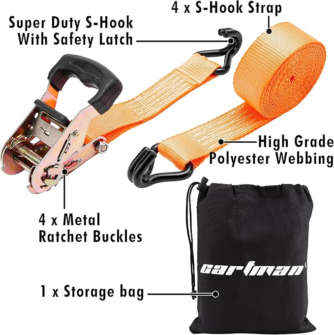 Cartman 1,5" x 15' Padded Ratchet Tie Down 3000Lbs Capacity (4pk) Orange