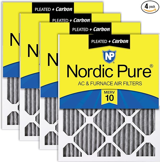 Nordic Pure 10x20x1 (Actual Size: 9 1/2 x 19 1/2 x 3/4) Furnace Air Filters MERV 10 Pleated Plus Carbon 4 Pack