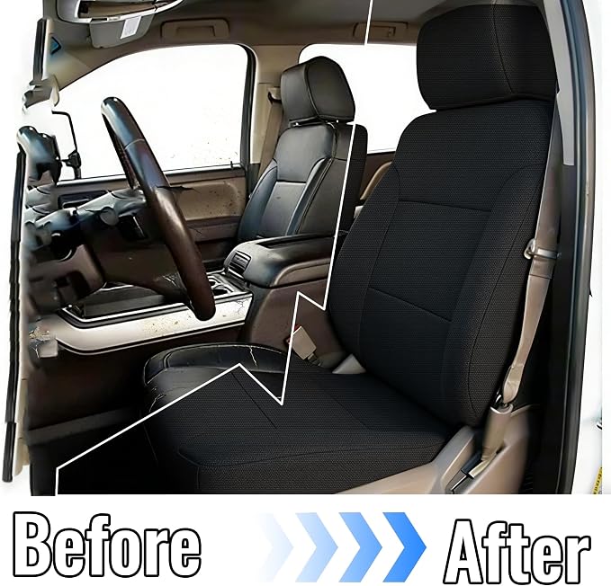 Thickened Composite Fabric Front Seat Covers for Chevy Silverado & GMC Sierra 1500 2015 2016 2017 2018 Durable Cloth Composite Foam with Headrest and Console Covers- Black