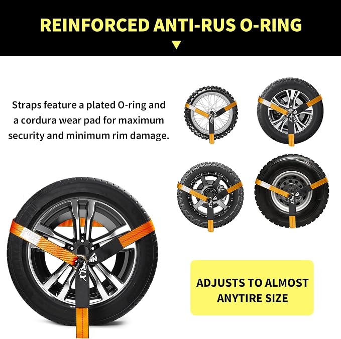 4 Pack Tire Tie Down Straps for Trailers – 2" x 10' Lasso Wheel Ratchet Straps with Chain Anchors,Over-The-Tire Heavy Duty 10000 lbs Break Strength,UTV, SUV, Truck Trailer Hauling,Orange