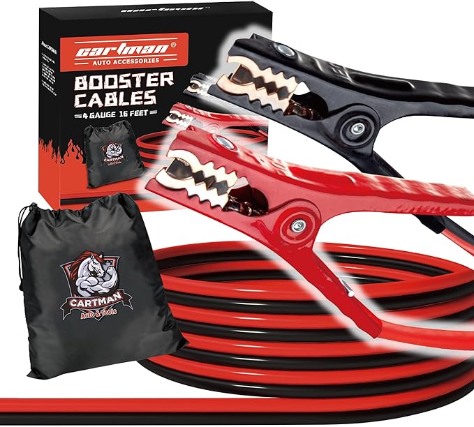 CARTMAN 4 Gauge 16 Feet Jumper Cables 300AMP Heavy Duty Booster Cable in Carry Bag