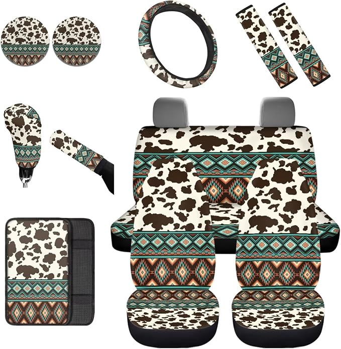 Dreaweet Aztec Cow Car Seat Covers Full Set for Women,Southwestern Car Accessories Interior,Native American Steering Wheel Cover with Center Console Cover,Seat Belt Pads,Car Coasters,Gear Shift Cover