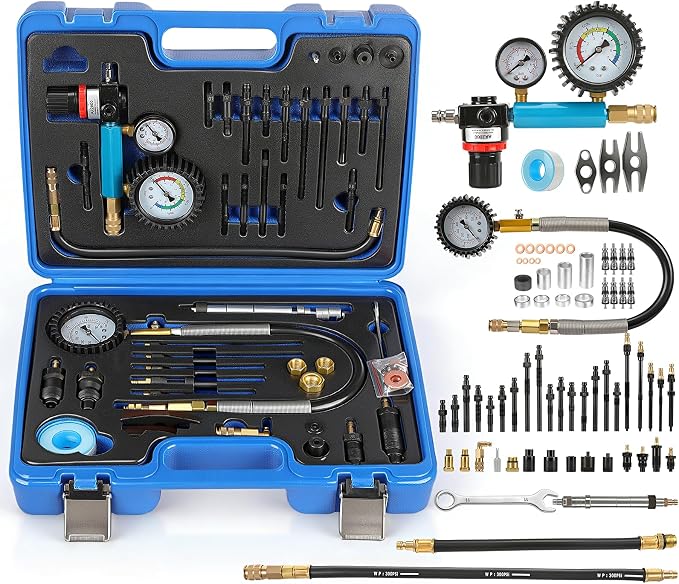 Compression Tester Automotive Kit,46Pcs Petrol & Diesel Compression Gauge Tester Set for Gasoline Engine,Tester Kit with Compression Gauge,Dual-Meter Leak Detector with Adapters,Quick-Connect Hose
