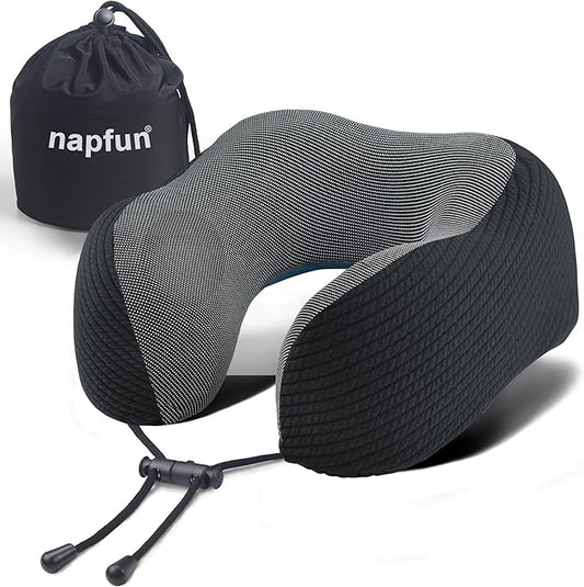 napfun Neck Pillow for Traveling, Upgraded Travel Neck Pillow for Airplane 100% Pure Memory Foam Travel Pillow for Flight Headrest Sleep, Portable Plane Accessories, Charcoal Black