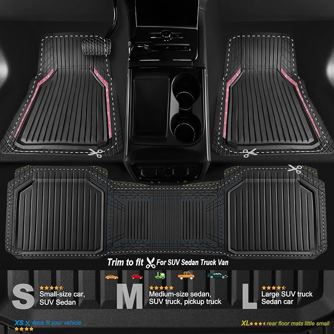CAR PASS Pink Heavy Duty Rubber Floor Mats for Car, Waterproof Liner Deep Dish Bling Car Mats Full Sets, Universal Trim to Fit for SUV Truck Sedans Vans, All Weather Floor Mats, Pink Sparkly