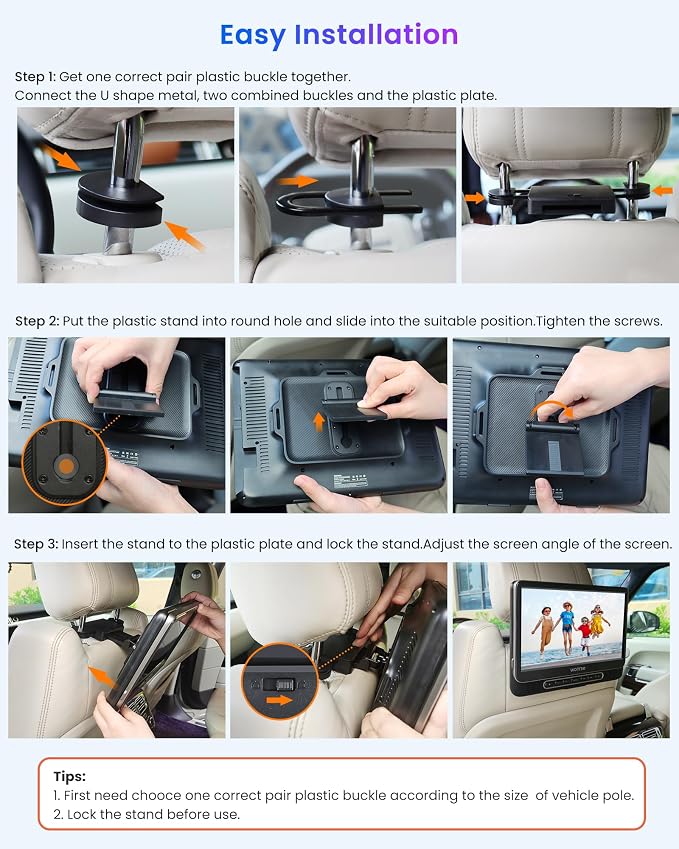 Car DVD Player, WONNIE 12" Headrest DVD Player with Mount Bracket, Supports 1080P/MP4 Video, HDMI Input/Output, AV Out, AC Adapter, Car Charger, USB Card Reader, Last Memory, All Regions