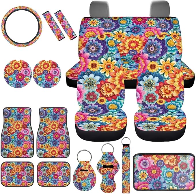 17 Pcs Hippie Lotus Car Cover Seats Full Set Mandala Lotus Car Accessories with Car Front Rear Carpets Mats Steering Wherl Cover Seat Belt Cover Pad Set Car Coasters Armrest Pad,Universal Fit