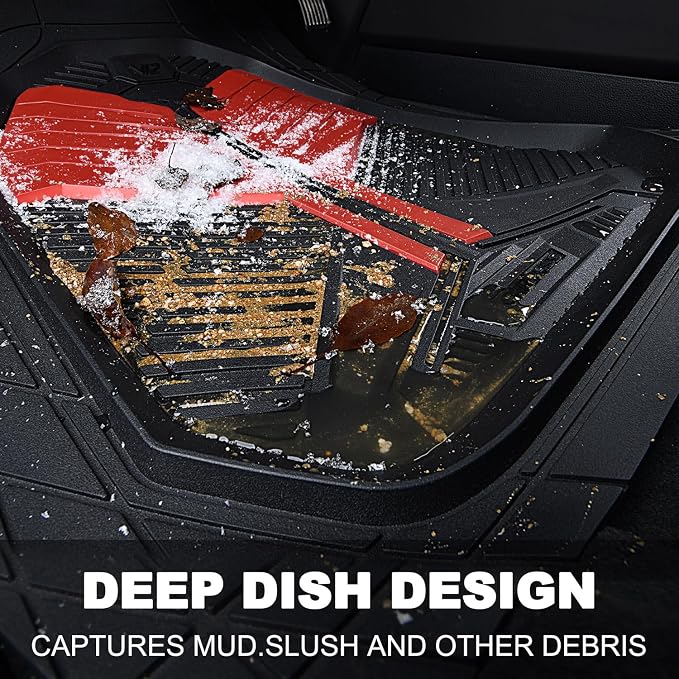 CAR PASS Heavy Duty Rubber Car Mats, Deep-Dish Car Floor Mats All Weather, Universal Two-Tone Trim-to-Fit for SUVs Trucks Sedans, Waterproof Anti-Slip, 3 Pieces V12 Black and Metallic Red