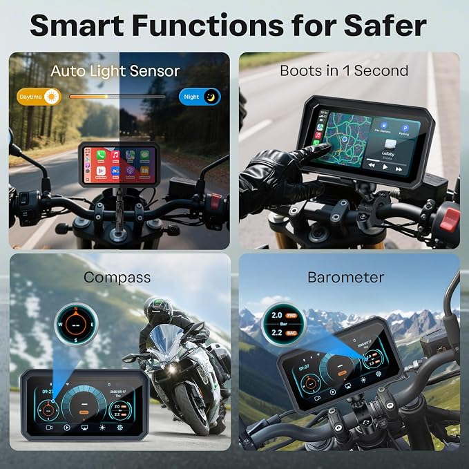 WonVon Motorcycle CarPlay Screen with Android Auto – 6.25” Waterproof GPS Pantalla para Moto Apple CarPlay Navigation System for Motorcycle, Dual 2K Dash Cam Bluetooth Audio & TPMS with Magnetic Mount