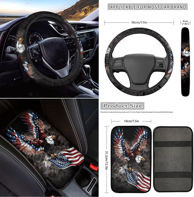 18 Pcs American Flag Car Seat Covers Full Set Eagle Steering Wheel Cover+Center Console Pad+Armrest Cover+Seat Safety Belt Pad+Seatbelt Covers+Cup Mats+Keychain,Car Interior Accessories