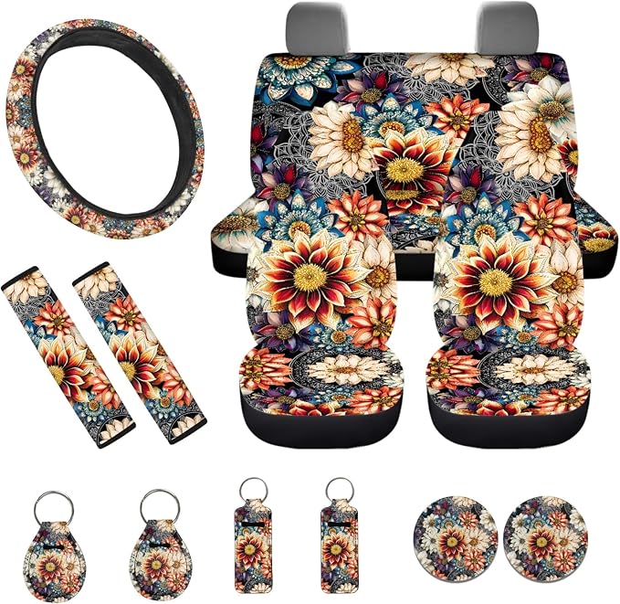 INSTANTARTS Dahlia Mexican National Flower Car Front Rear Seat Covers 13 Piece Vehicle Protector Keychain + Chapstick Sleeve + Steering Wheel Cover + Seat Belt Pads + Coasters