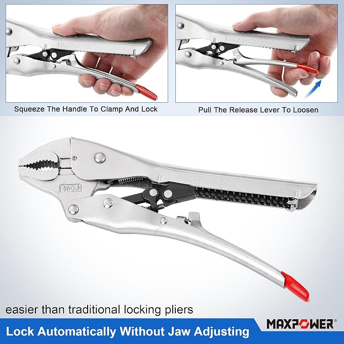 MAXPOWER 2 Pieces Locking Pliers Set, 6" 10" Curved Jaw Self Adjusting Locking Pliers, with 1.2" and 2" Jaw Capacity