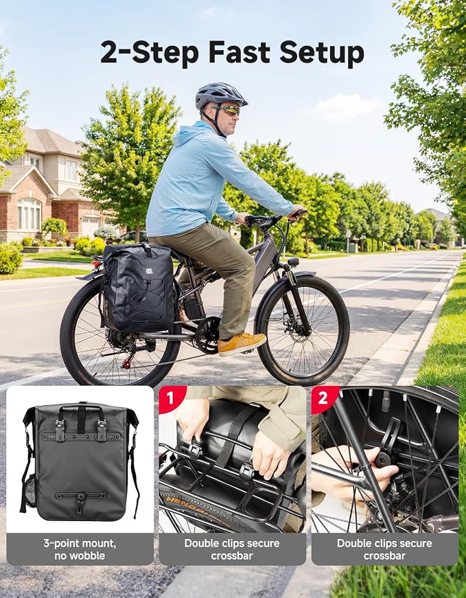 KEMIMOTO Bike Pannier Waterproof, 30L Heavy-Duty Bicycle Saddle Bag for Rear Rack, Side Bag with Laptop Compartment & Reflective, PVC Air-Tight Material – Commuting Touring Grocery Shoulder Carry