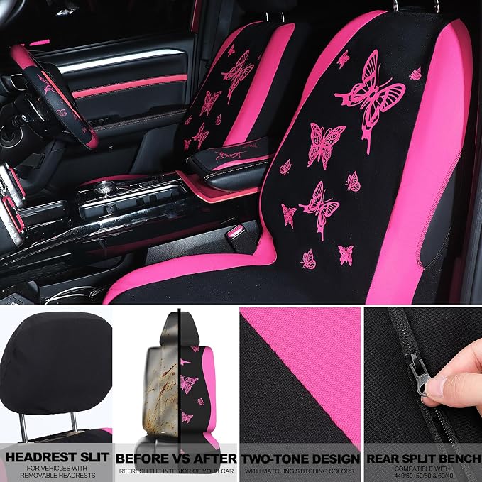 BBTO 47 Pcs Car Seat Full Set Car Accessories for Women 5 Front Rear Seat Covers Wrist Strap 2 Pieces Cup Mat Armrest Pad 2 Belt Cover Accessories for SUV(Pink Black)