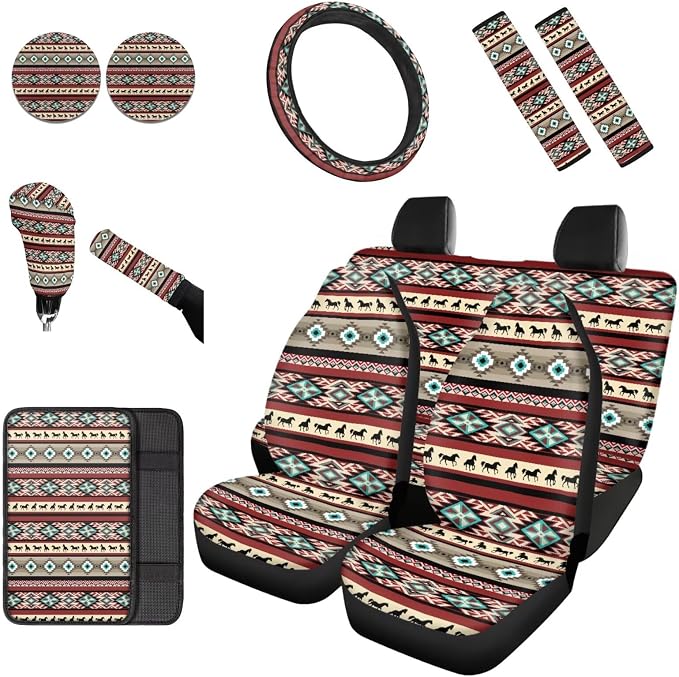 Dreaweet Aztec Ethnic Tribal Horse Car Seat Covers Full Set 12 Pcs Car Accessories,Steering Wheel Cover/Armrest Cover/Seatbelt Covers/Cup Coasters/Gear Shift Cover/Handbrake Cover,Universal Fit