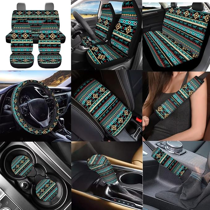 Dreaweet South Western Aztec Seat Covers for Cars Full Set,Native American Seat Cover with Steering Wheel Cover/Center Console Cover/Seatbelt Covers/Coaster/Gear Shift Cover/Handbrake Cover,Universal