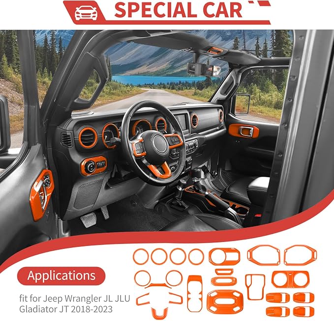 23pcs Full Set Interior Trim Kit for Jeep Wrangler JL JLU Gladiator JT 2018-2023 Steering Wheel Door Handle Air Conditioning Vent Cup Holder Reading Light Headlight Gear Cover, Orange