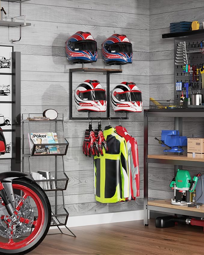 Motorcycle Helmet Holder Wall Mount, Helmet Rack with 4 Glove Clips, Motorcycle Gear Rack Storage, Motorcycle Accessories Organizer for Entryway or Garage