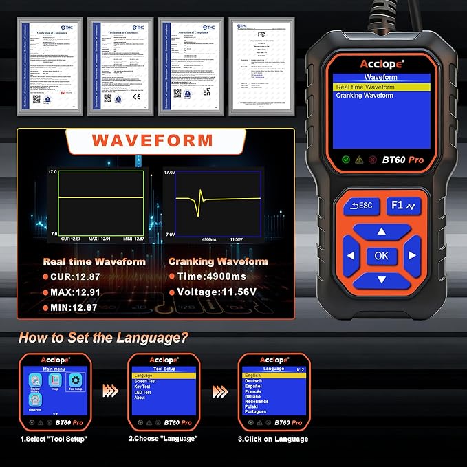 BT60 PRO Car Battery Tester 6V/12V/24V, 2–120Ah, 100–3000 CCA, Alternator & Starter/Charging System Analyzer, Automotive Load Test, QR Cloud Report (No App), for Car Truck Motorcycle Marine/RV