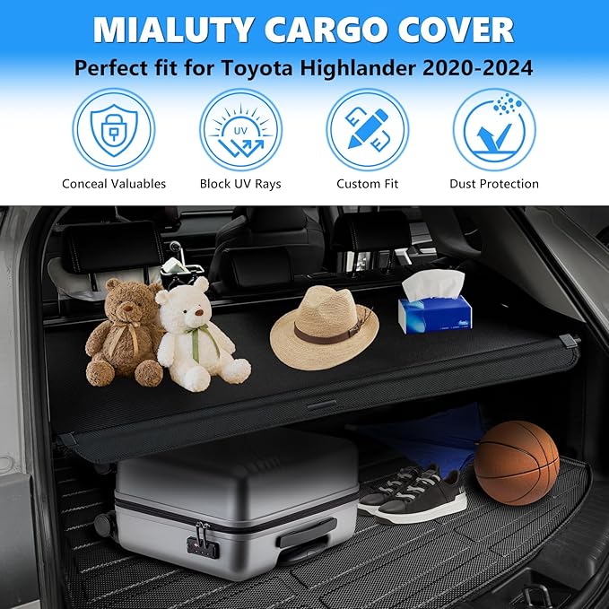 MIALUTY® Cargo Cover for 2020-2024 Toyota Highlander Retractable Trunk Cover Highlander Accessories Anti-Theft Privacy Screen,Trunk Luggage Shield Shade Carbon Fiber Texture (Original Factory Storage)