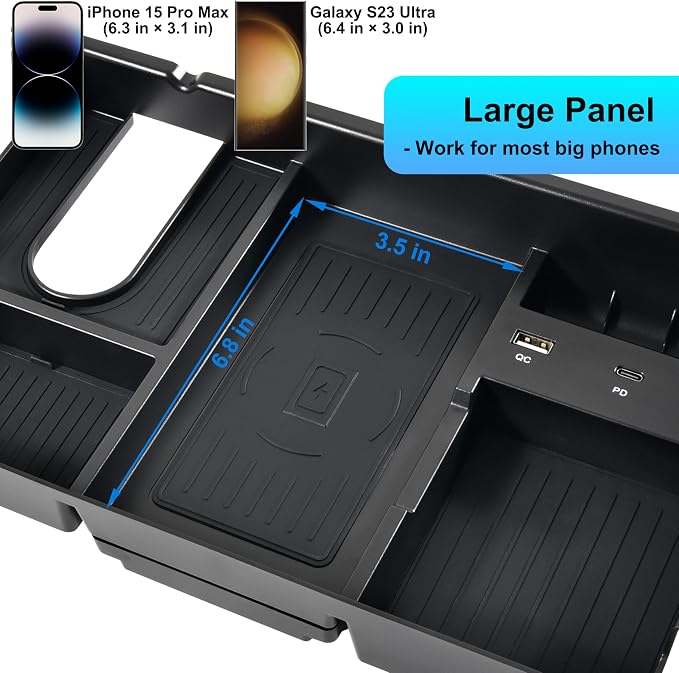 Wireless Charger for Toyota Tundra 2014-2021, Center Console Organizer Tray USB-A USB-C Fast Phone Charging Panel Pad Armrest Storage Box for Toyota Tundra 2017 2018 2019 2020 Accessories
