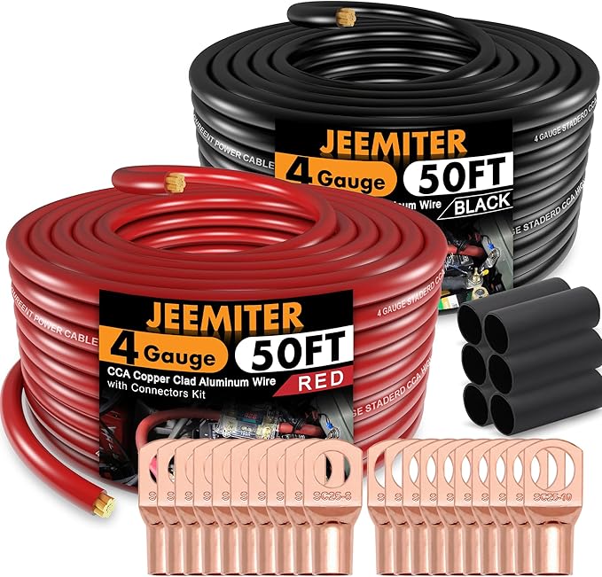 Jeemiter 4 Gauge CCA Wire Complete Kit: 100ft (50ft Red + 50ft Black) for Multiple Amp Rigs & Full Vehicle Audio Install | Includes All Terminals