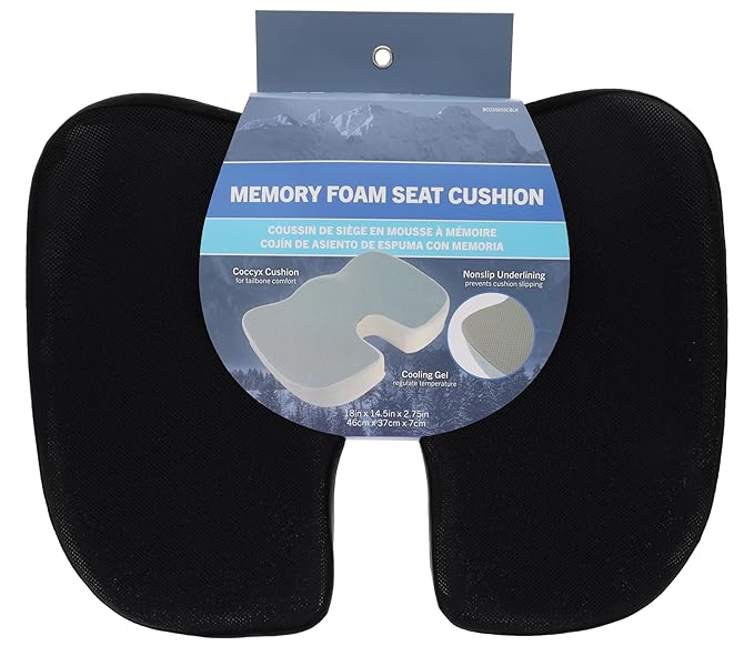 BC Outfitters BCO3565SCBLK Ergonomic Seat Cushion with Memory Foam and Cooling Gel-Coccyx Support Nonslip Base Washable Cover 46 x 37 x 7 cm-Black