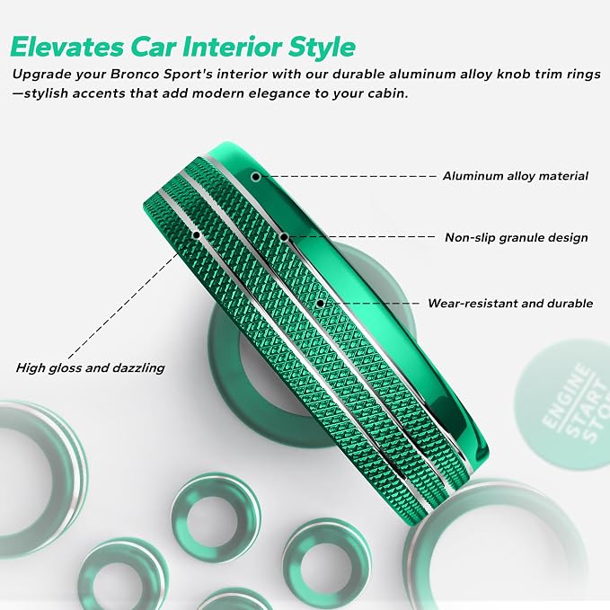for 2025-2026 Ford Bronco Sport Accessories (Not for Bronco) 9PCS Aluminum Alloy Knob Cover Trim Set for Push Start, Volume, Air Vent Tabs, Headlight & Gear Shift Knob (Green)