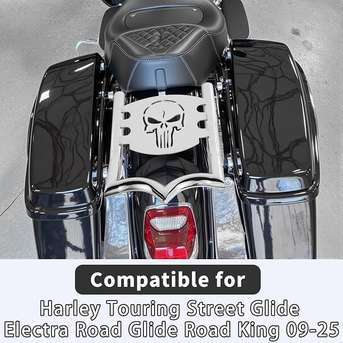 Crown Detachable Luggage Rack for Harley Touring 2009-2026 Street Road Electra Glide/Road King, Chrome（Skull）