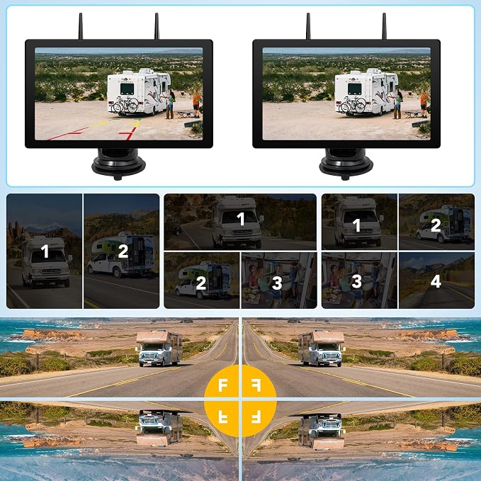 9" Wireless Backup Camera with Full Touchscreen, RV Backup Camera for Furrion Pre-Wired, Recording 4-Channel Split Screen, IR Night Vision, IP69 Wide Angle, Back up Camera Systems for Truck Trailer