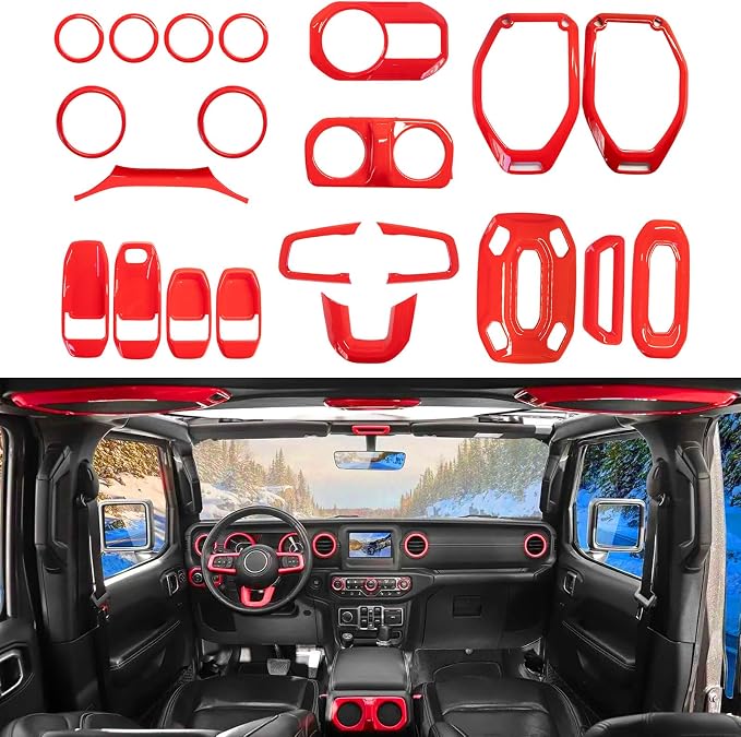 21PCS Interior Decoration Trim Kit for Jeep Wrangler JL JLU Gladiator JT 2018-2023, Steering Wheel Door Handle Dashboard Panel Reading Light Headlight Outlet Vent Trim Covers