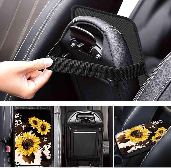 Wanyint Sunflower Cow Print Car Seat Cover Full Set with Front Back Seats Steering Wheel Covers Armrest Pad Handbrake Cover Gear Shift Cover Auto Seat Belt Pads,Cup Holder Coaster