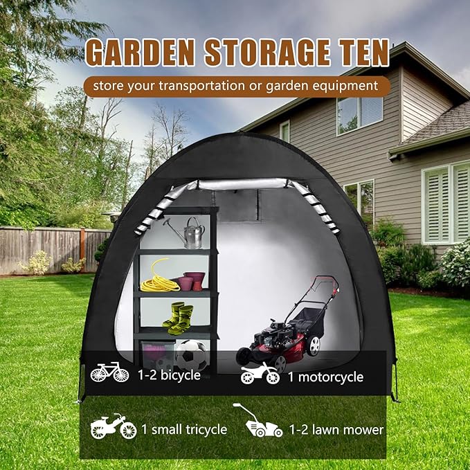Outdoor Bike Storage Shed Tent, Portable Bicycle Motorcycle Storage Shed with Spare Pole and Rain strip for 2 Bikes, PU4000 Waterproof Silver Coated Oxford Bike Cover, Foldable Bicycle Shelter