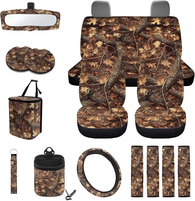 Hunting Camo Print Car 15pcs Accessories, Full Set Seat Covers for Cars Steering Wheel Cover Seat Belt Pads Trash Can Air Vent Pocket Mirror Cushion Coasters Universal Fit