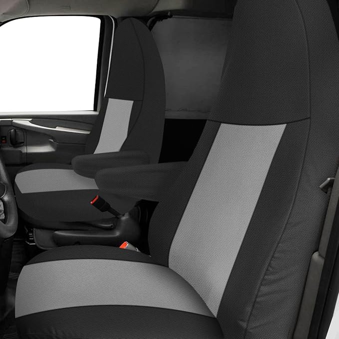 Seat Covers Compatible with 2010-2025 Chevy Express Front Bucket Seats with Opening for Grab Handle on Passenger Side Backrest, NOT for RV Seats, Black and Gray