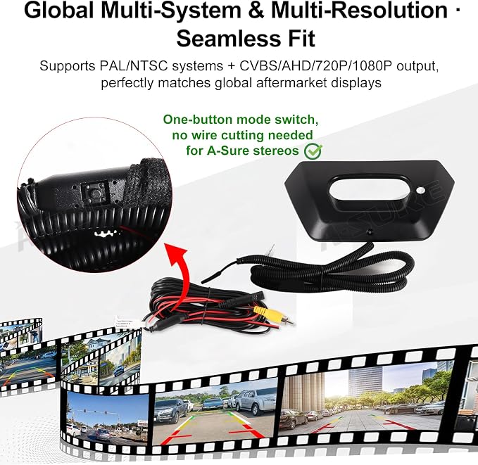 ASURE Backup Camera Tailgate Handle for Chevrolet Avalanche 2001-2006 | 1080P HD, 170° Wide View, Starlight Night Vision, IP68 Waterproof, RCA/CVBS, No-Drill Fit, Parking, Reversing & Towing
