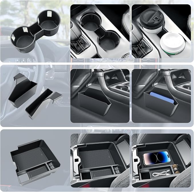 BIBIBO 4Pack for 2025 2026 Ford Ranger Center Console Organizer 2024 2025 2026 Ford Ranger (XL/XLT/Lariat/Raptor) Console Hanging Organizer Tray+Cup Holder+Central Armrest Storage Box