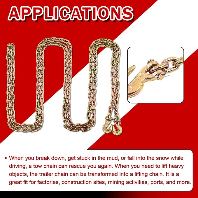 Heavy Duty G80 Transport Binder Chain 5/16'' Inch x 20 Feet,Tow Chain with G70 Clevis Grab Hooks,4900 lbs Safe Working Load Logging for Transporting, Towing(5/16'' x 20FT Yellow).