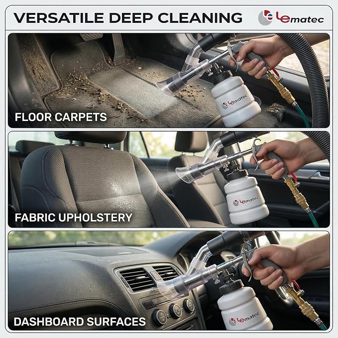 LE LEMATEC Air Tornador Car Detailing Gun & Upholstery Extractor Kit | Interior carpet vent cleaner, foam bottle, vacuum attachment, 3000 RPM, 90 PSI, 1/4" NPT compressor