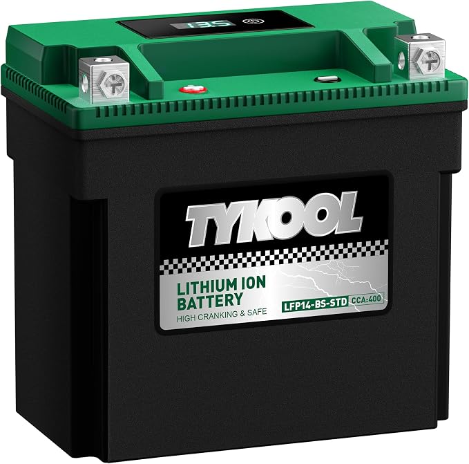 TYKOOL LFP14-BS-STD Lithium Battery, Replaces YTX14-BS, 400CCA 8Ah Fits for ATV UTV Motorcycle Scooter, Compatible with Rancher 420 Foreman 500 R1200GS Ninja 1400 Brute Force 750,Digital Readout [+ -]