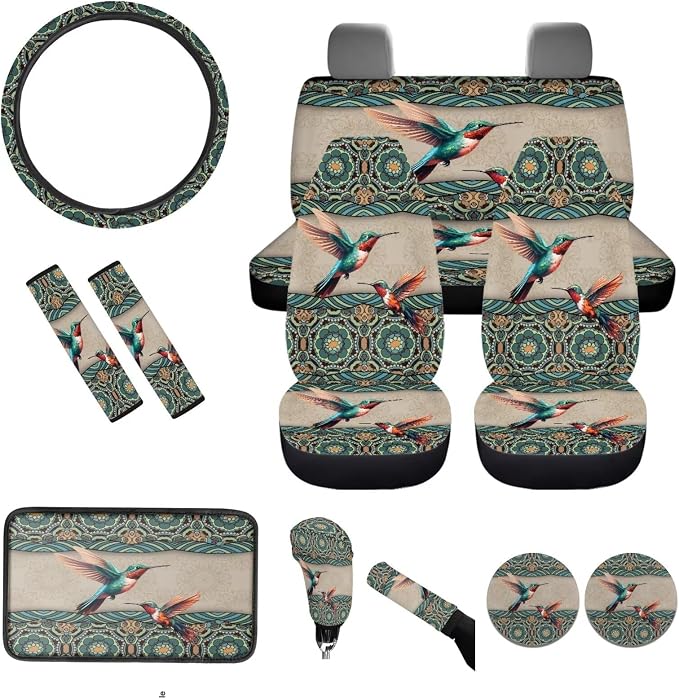 BIGCARJOB Hummingbird Car Seat Cover Full Set of 12 Pieces Boho Lotus Print Auto Interior Seat Accessories Set with Seat Belt Pads Cover,Steering Wheel Cover,Cup Holder for Women Hippie Lotus Gifts