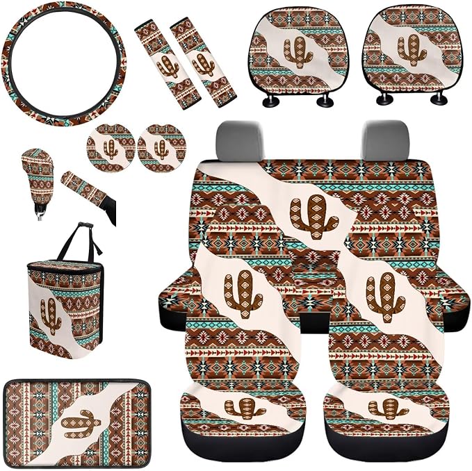 BIGCARJOB Southwestern Cactus Print Car Interior Accessories Set 15 Pieces Aztec Tribal Car Seat Cover Full Set with Steering Wheel Cover Car Trash Can Hanging Seat Headrest Covers