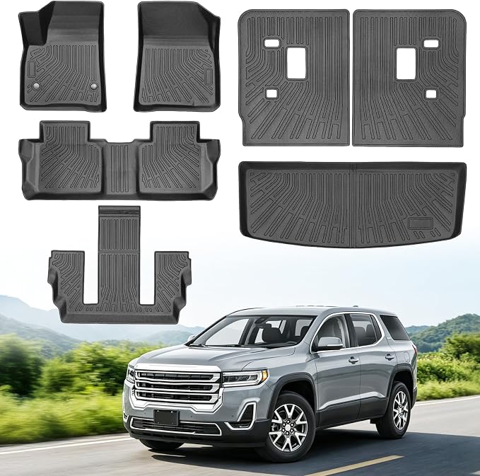 Floor Mats for GMC Acadia 6 Passenger (Not for 7 Seat) 2017-2023, Heavy Duty TPE All Weather Protection, Waterproof Non-Slip Black Car Liners (Three-Row Floor Mats & Cargo Liner & Seatback Mat)